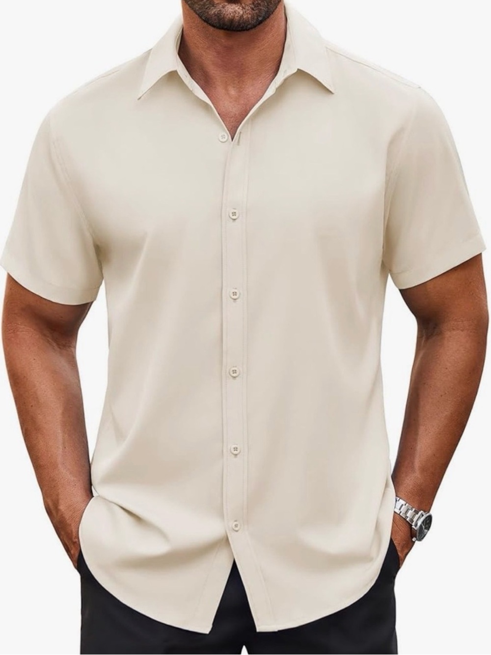 Men's Short-Sleeve Button-Down Shirt in Cream NWT